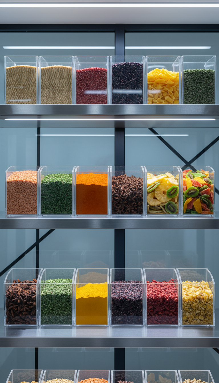A meticulously arranged assortment of ingredient surplus containers, featuring unlabeled, transparent bins filled with colorful grains, spices, and dried produce. The subject is positioned on sleek, matte-finish stainless steel shelving within a modern storage room environment, featuring geometric patterns on frosted glass in the background. The scene is softly illuminated by cool diffused LED overhead lighting, creating crisp reflections and gentle, uniform shadows. The mood is professional, organized, and efficient, reflecting a clean and streamlined corporate aesthetic. Captured at eye level with sharp focus throughout, the composition uses the rule of thirds with strong horizontal lines, emphasizing order and clarity. The image embodies photographic realism with a structured, minimal look, fully supporting the theme of accessible ingredient surplus.