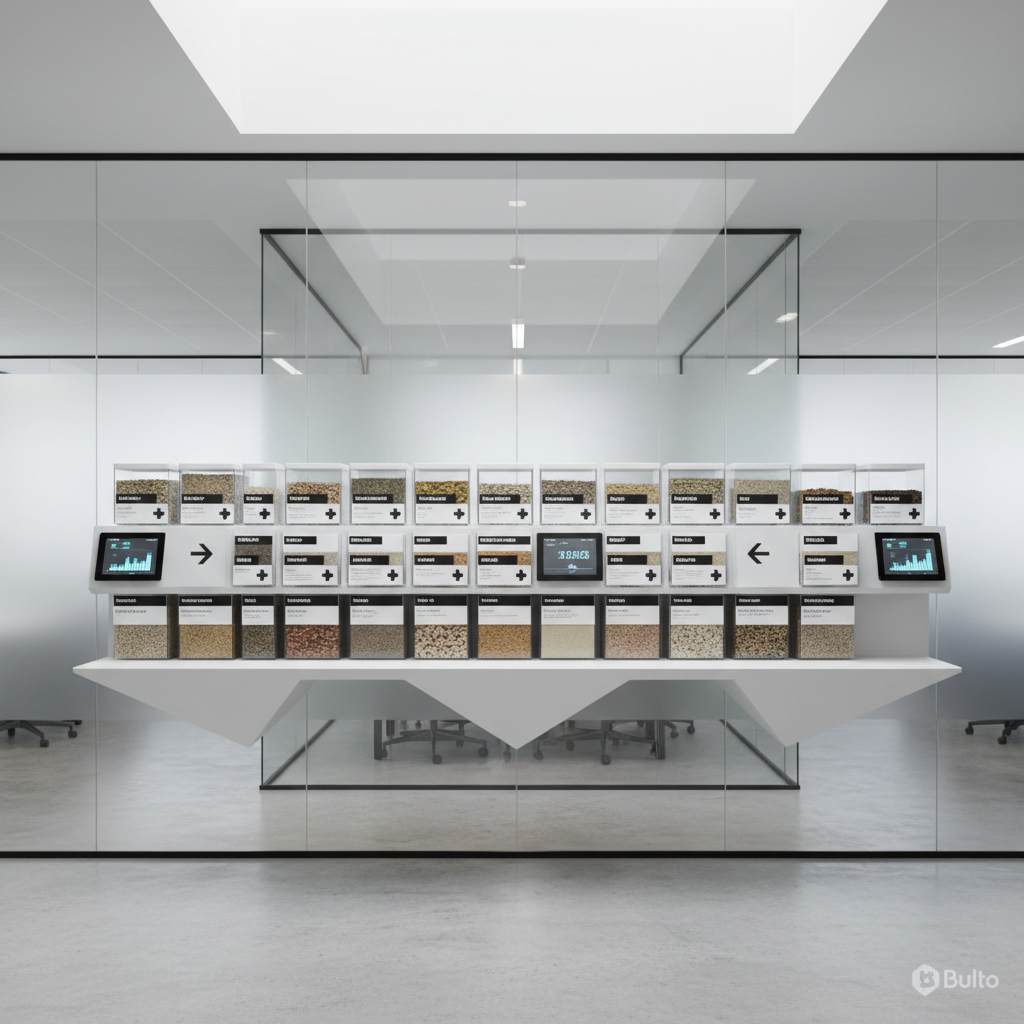 An ultra-organized surplus inventory dashboard rendered in physical form: transparent bins, monochromatic tags, and digital tablet displays showing ingredient quantities are arranged with mathematical precision on a floating, matte-white shelving unit. Set in a highly stylized, light-filled workspace with concrete floors and large glass partitions, the entire scene is bathed in soft, evenly diffused daylight, ensuring true color representation. The composition features strong leading lines and a centered camera angle, lending an air of technical mastery and clarity. The atmosphere is corporate, future-forward, and meticulously controlled, demonstrating the analytic, data-driven essence of the Bulto platform through a photographic, clean, and structured aesthetic.