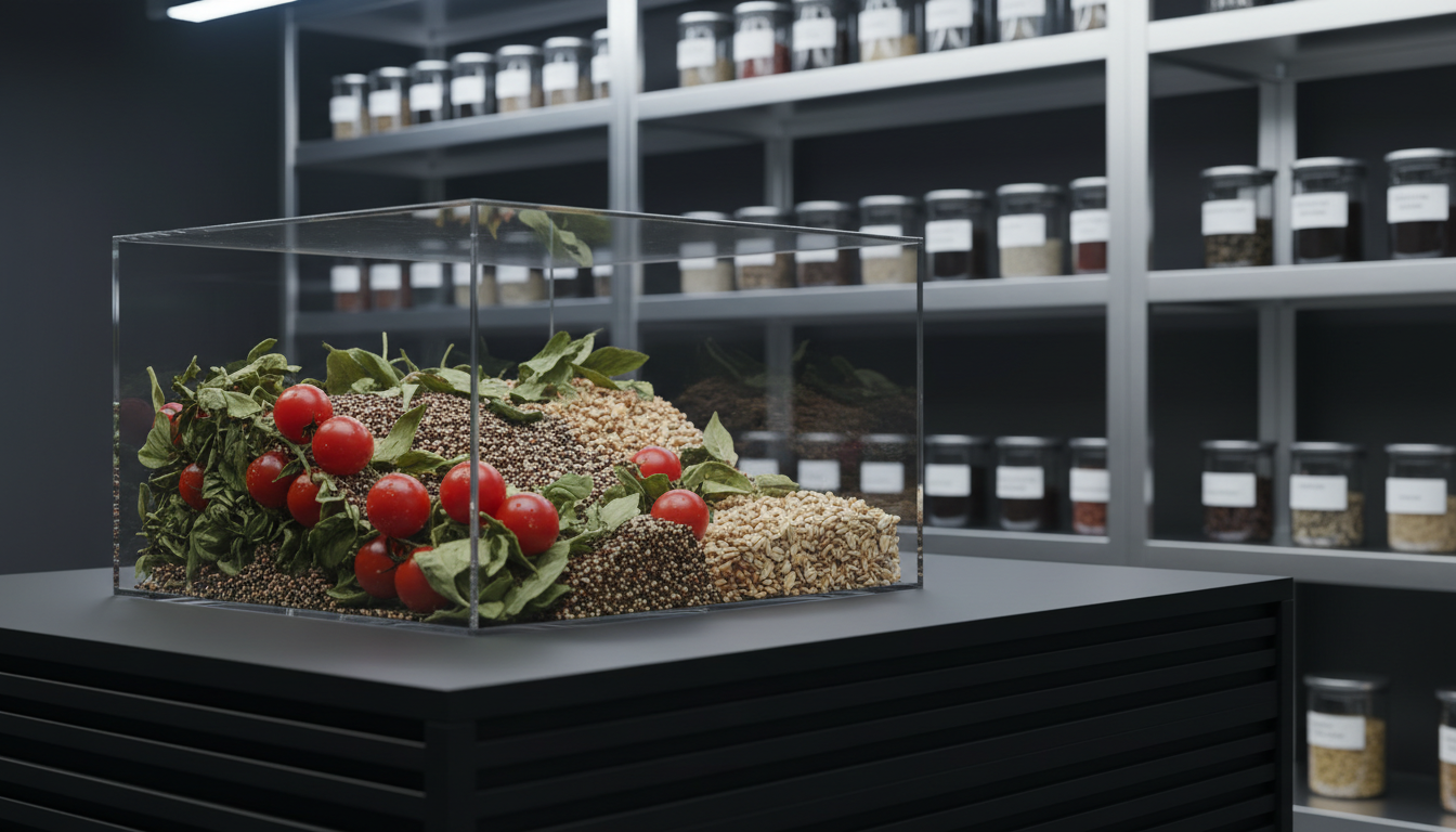 A transparent, acrylic display box filled with an assortment of dried and fresh surplus ingredients, including basil leaves, cherry tomatoes, and assorted grains. The display is set on a matte-black, ribbed counter, with modular shelving in the background hosting additional labeled containers. Focused under bright, white studio lighting, the scene reveals detailed surface textures and subtle moisture on the produce, casting delicate shadows. The composition is asymmetrical, drawing attention to the vivid yet muted ingredient colors amid a dominantly neutral palette. The overall mood is efficient, uptempo, and solution-oriented, while the photographic style maintains a crisp, professional feel that aligns with a modern ingredient surplus platform.