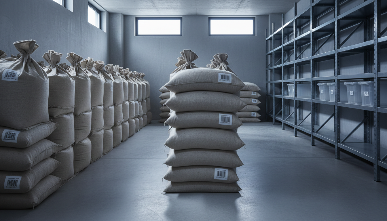 Multiple uniform bulk ingredient sacks in natural linen material, each marked with a small, simple barcode tag, stacked in symmetrical rows beside modular metal shelving. The setting is a contemporary storeroom with polished concrete floors and a subtle, cool-gray color palette. The sacks are bathed in cool, indirect natural light from high transom windows, creating soft shadows that provide dimensionality without harsh contrast. The overall mood is purposeful and orderly, with a sense of abundance and readiness. Captured in a wide-angle shot with sharp focus and deep depth of field, the image exhibits a balanced, clean composition, reinforcing the platform’s structured, corporate character.