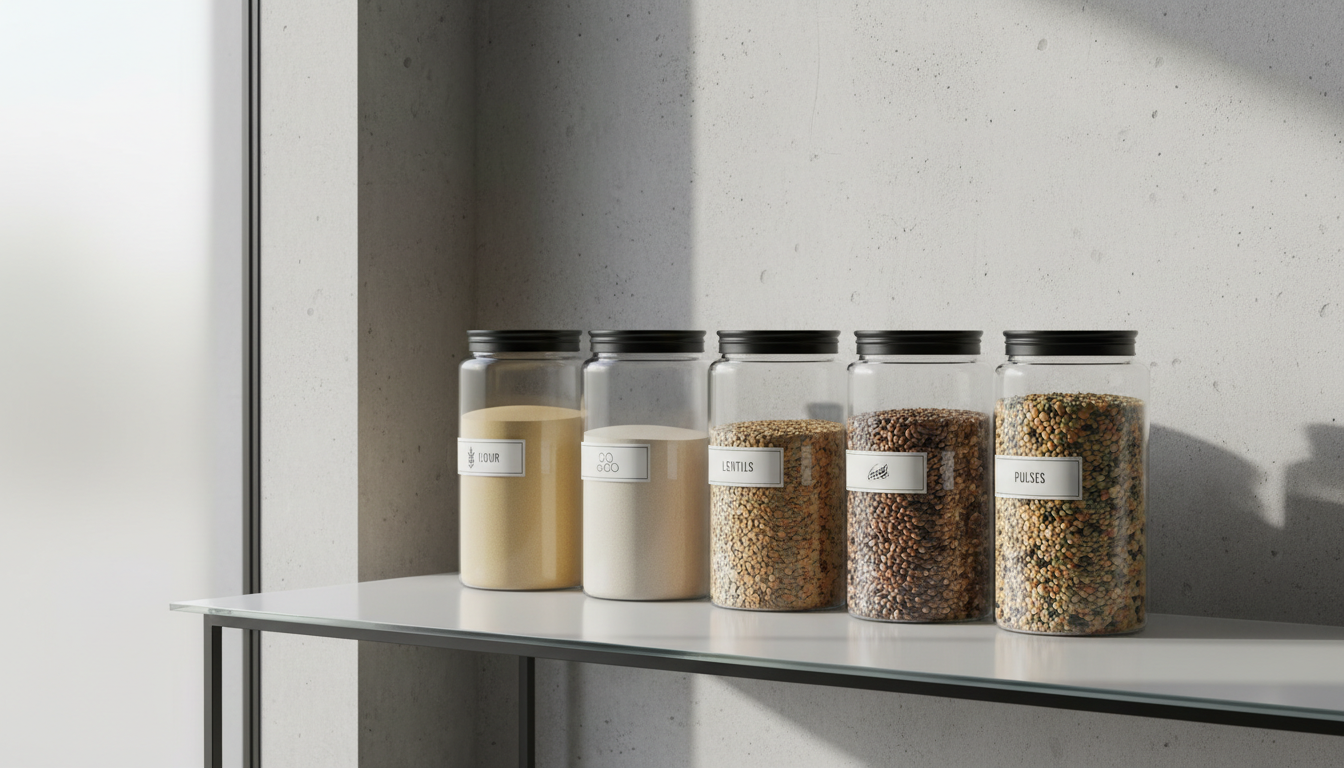 An orderly line of minimalist, industrial-style storage jars containing surplus flours, lentils, and pulses, each boasting subtle color gradients and fine textures. The jars are neatly labeled with monochromatic iconography, positioned against a textured concrete wall on a pristine, glass-topped counter. Bright daylight streams through a large, frosted window, casting soft, elongated shadows that emphasize product shapes and clarity. The mood is calm, businesslike, and inviting, underscoring transparency and professionalism. Photographed from a slightly elevated angle, the composition centers on the geometric alignment of the jars, exuding balance and harmony. The style is thoroughly photographic, harnessing neutral tones and clean lines suitable for a data-driven B2B store environment.